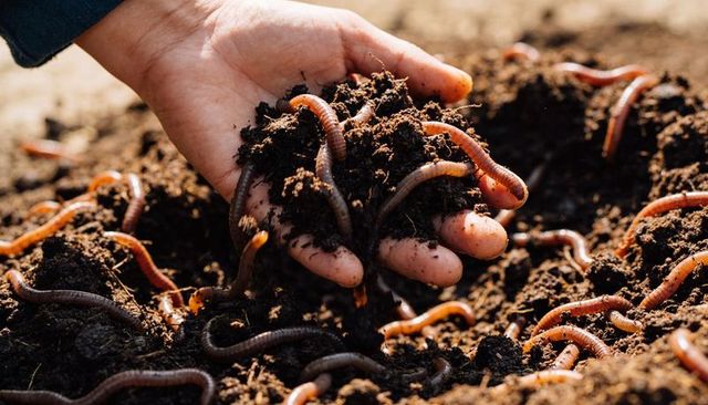 Hand holding moist compost teeming with earthworms for organic garden soil health