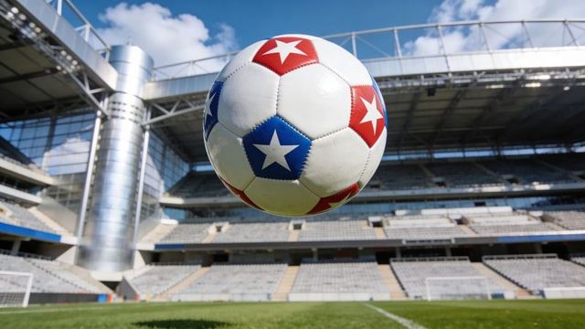 Floating soccer ball with red and blue star panels hovering over empty stadium pitch