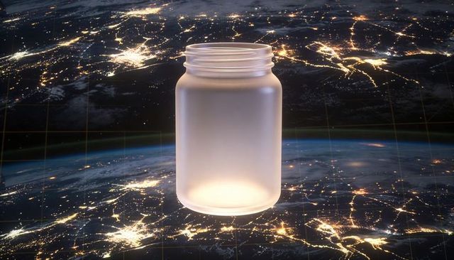 Floating frosted glass jar glowing above nighttime earth with city lights