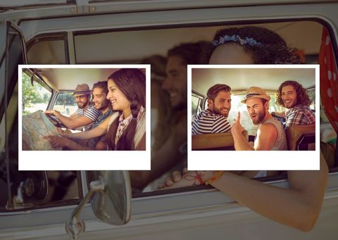 friends enjoying road trip in vintage van - Download Free Stock Templates Pikwizard.com