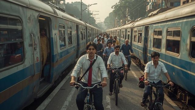 Commuter cycling through railway corridor between blue trains during hazy morning rush