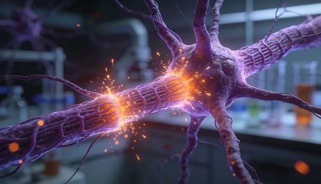 Neurons transmitting action potentials along myelinated axon with glowing nodal sparks