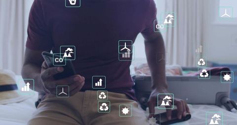 Traveler checking smartphone and visualizing sustainability data with eco icons