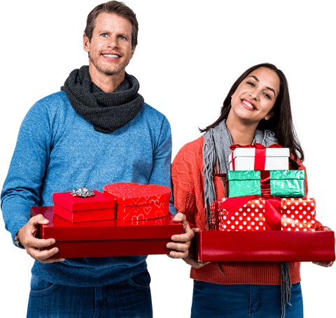 Smiling Couple in Sweaters Holding Holiday Gift Boxes Transparent