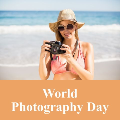 Woman Celebrating World Photography Day at Beach