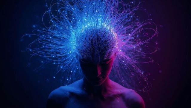 Neon fiber-optic mindscape — futuristic cybernetic woman with glowing neural halo