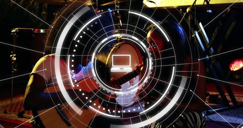 Playing acoustic guitar duo on intimate stage with futuristic hud laptop overlay