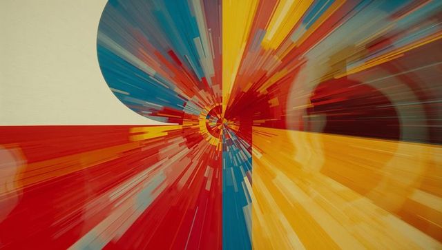 Dynamic radial burst with red, yellow, and blue streaks