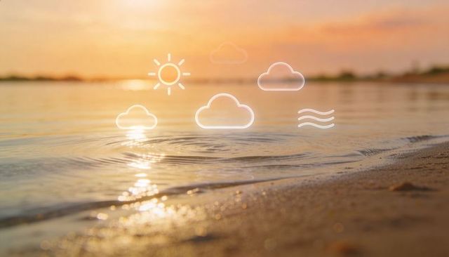 Golden sunset beach horizon with weather icons, calm ripples and soft bokeh light