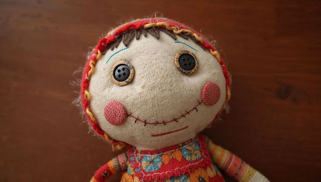 Whimsical handmade rag doll with button eyes and patchwork dress on wooden tabletop