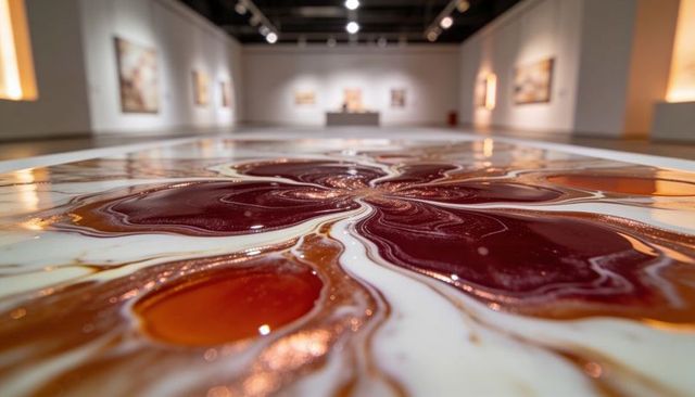 Glossy resin marbled panel showing burgundy amber veins with shimmering abstract texture