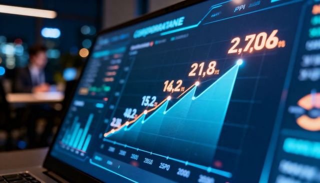 Rising financial dashboard showing uptrend analytics on laptop in modern office night