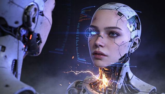 Female android facing companion showing open neck wiring emitting sparks and holographic interface