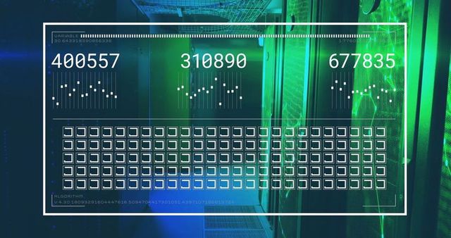 Data Center Metrics Overlay with Sparkline Graphs and Grid Icons