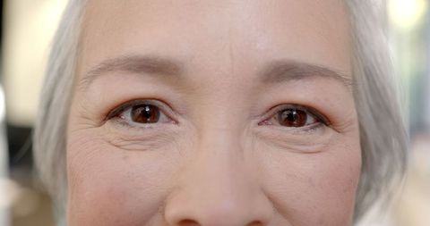 Close-up of elderly woman's eyes embracing natural aging