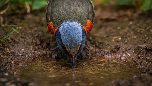 Close-up colorful forest bird drinking from puddle showing water droplet and ripples