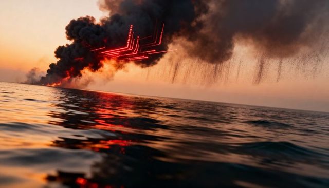 Sunset ocean blazing with neon ember lines, falling ash and rippling water reflection