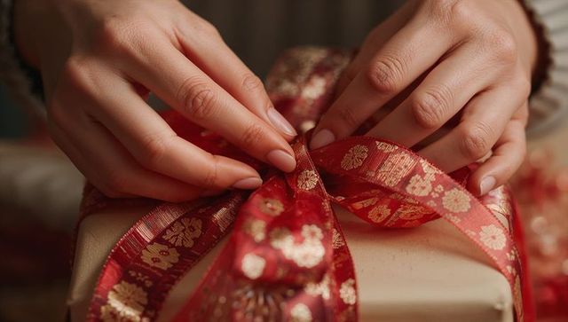 Hands Tying red and gold Bow on Elegant Gift Box for Celebration