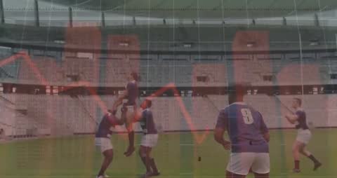 Rugby Team Practicing Line-Out in Stadium with Data Overlay