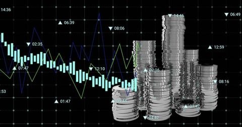 Silver coins with financial data and stock market analysis
