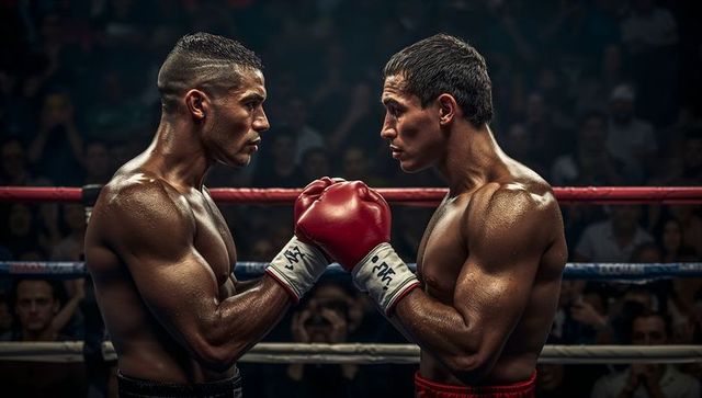 Intense boxing match between two focused athletes