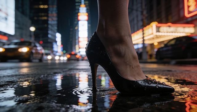 Stepping in rainy city night with black studded stiletto reflecting neon marquee lights