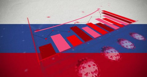 Fluctuating Financial Graph with Coronavirus Over Russian Flag Symbolism