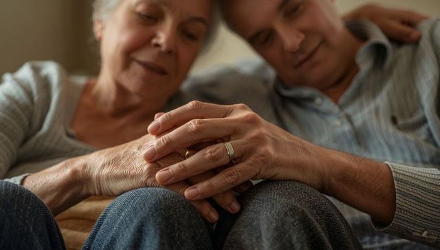 Senior couple holding hands on couch showing wedding rings, intimate companionship and warmth