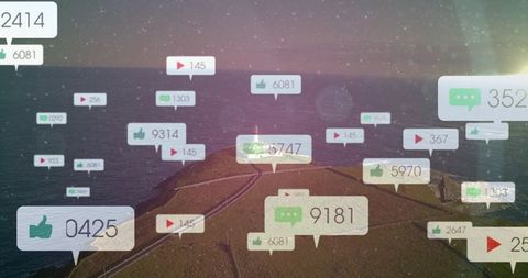 Lighthouse receiving social media engagement icons over sunset coastline