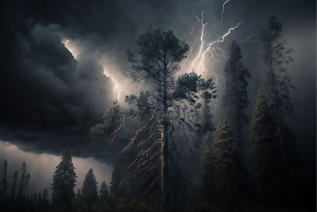 Dramatic Lightning Storm in Dark Forest with Striking Tree - Download Free Stock Images Pikwizard.com