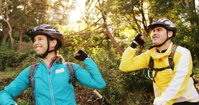 Happy Cyclists Celebrating Success in Forest Trail - Download Free Stock Images Pikwizard.com