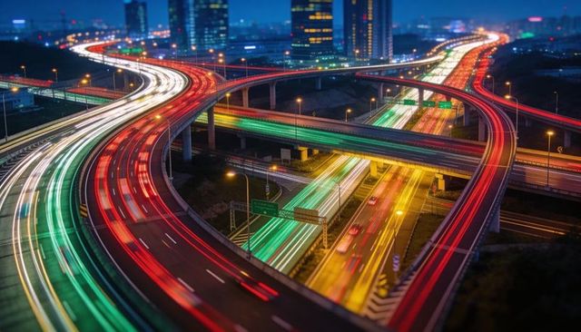 Nighttime multilevel highway interchange with colorful light trails and urban overpasses