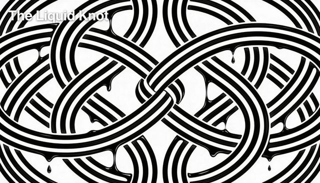 Monochrome liquid knot intertwined striped tubes with dripping ink abstract pattern