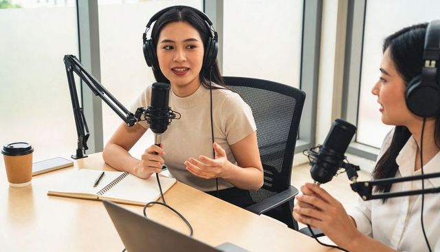 Recording female podcasters collaborating in modern studio discussing interview topics