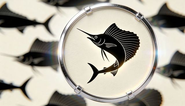Stylized sailfish graphic framed in circular metal porthole on cream pattern background