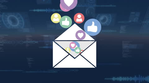 Icons representing social interaction and digital communication emerge over a data processing background, depicting a blend of technology and social media. This visual illustrates modern communication trends and can be used in presentations, articles, or websites related to social media marketing, digital technology, communication strategies, and interface design.