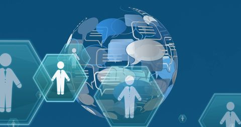 Digital communication network sphere on blue background