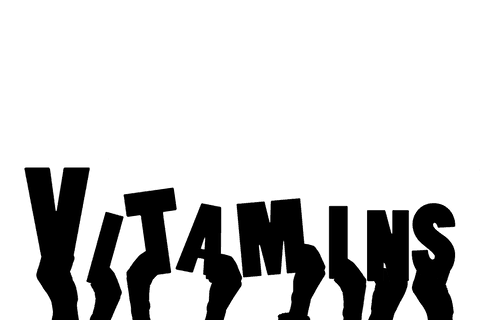 Transparent vector hands with vitamins text on background