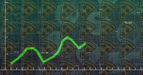 Rising stock market analysis illustrated with pizza icons background