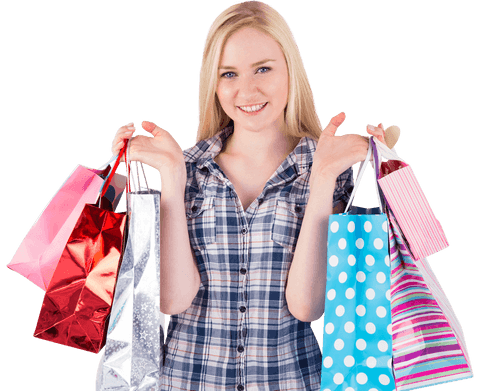 Cheerful Blonde Woman Holding Colorful Shopping Bags with Transparent Background