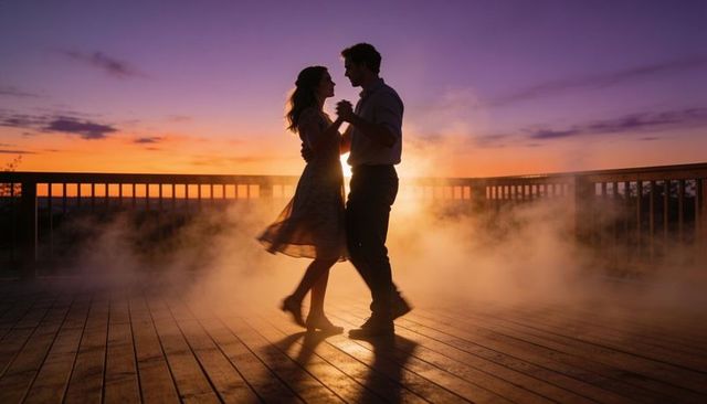Couple dancing at sunset on foggy wooden deck silhouette swaying romantic twilight