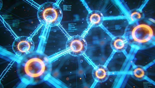 Glowing Nanomolecular Network Visualization with Futuristic HUD Readouts in Neon Blue
