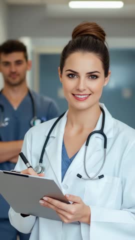 Female doctor writing on clipboard while glancing at colleague in hospital corridor for vertical med