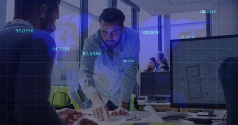 Engineer Leading Design Review with Augmented Reality Overlay in Open-Plan Office