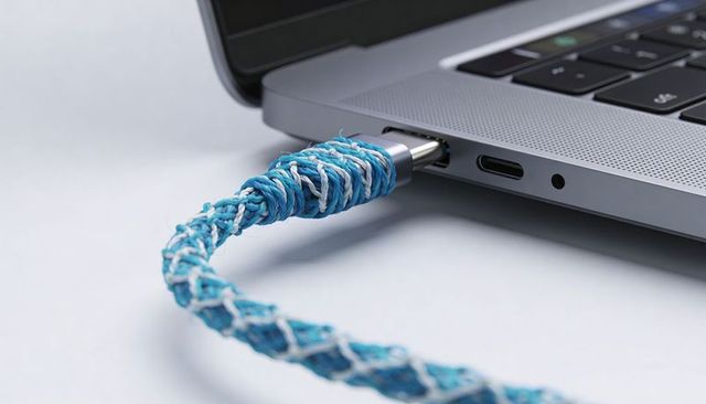 Braided blue usb-c cable plugging into silver laptop port closeup charging concept