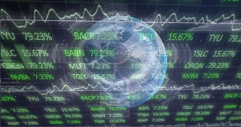 Global finance interface with stock tickers and line graphs
