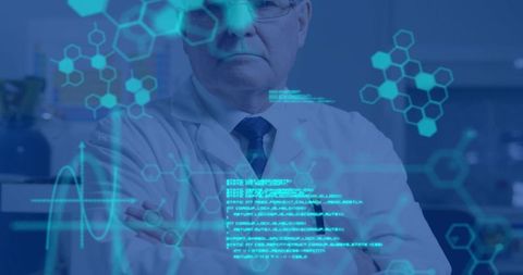 Senior doctor analyzing holographic medical data in futuristic lab for precision medicine