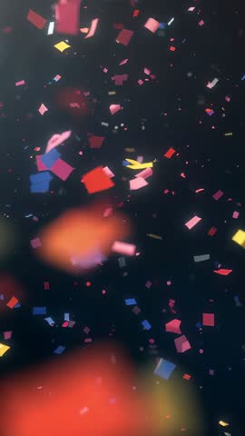Vertical Confetti and Ribbons Falling Through Dark Void Looping Party Background with Bokeh