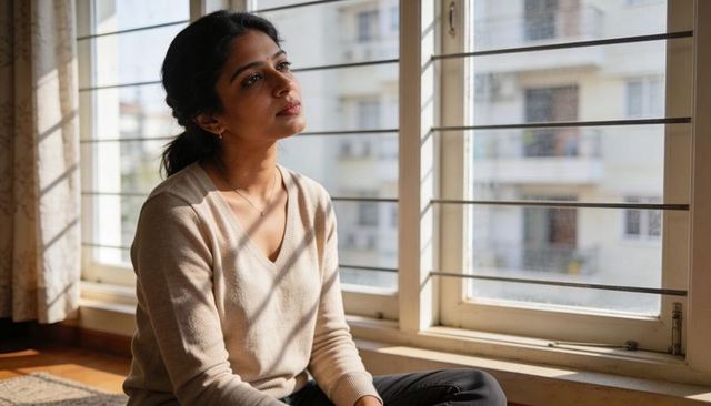 Sitting indian woman gazing through window bars, warm sunlight casting contemplative mood