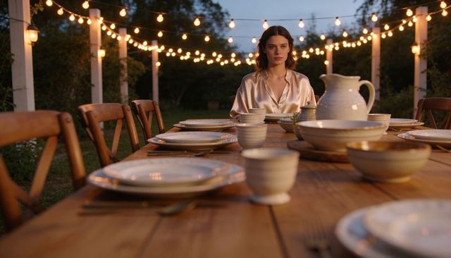 Woman wearing satin blouse at twilight rustic outdoor dinner table with string lights